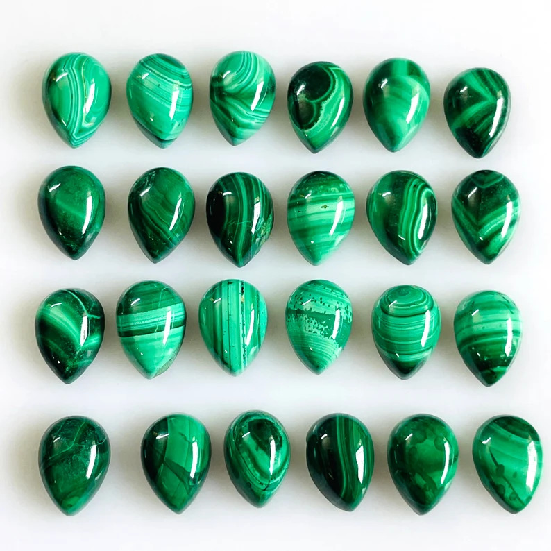 Natural Malachite Pear Cabochon Pair