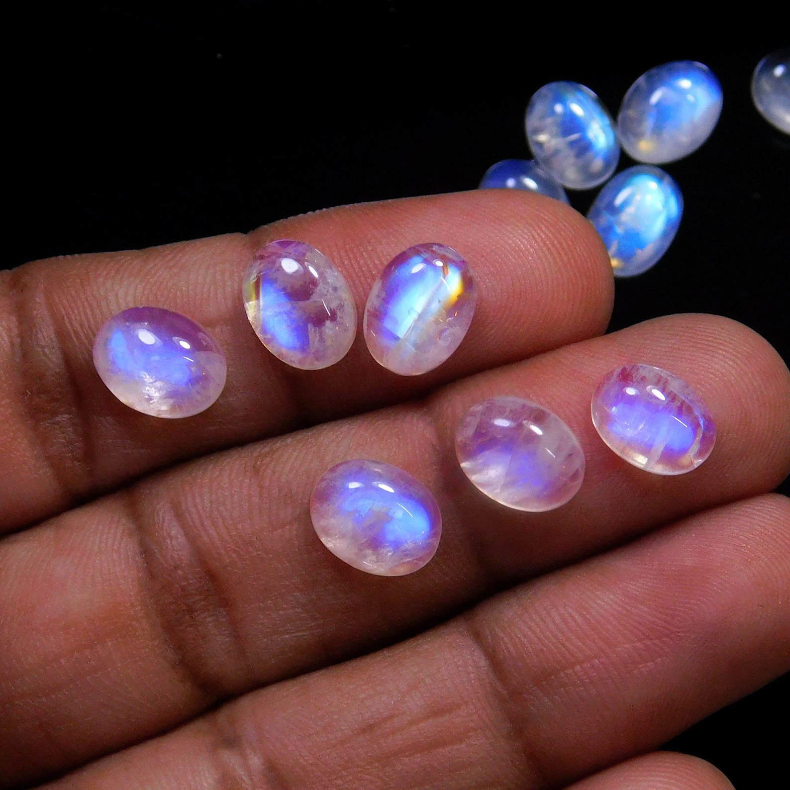 Rainbow Moonstone Oval Cabochon 7x9mm| Natural Blue Flash Moonstone for jewelry Making